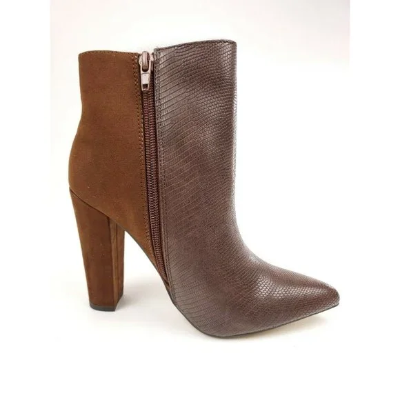 JUSTFAB Remi Brown Combo Side Zipper Platform Heel Bootie Boots Size 5.5 - Picture 2 of 9